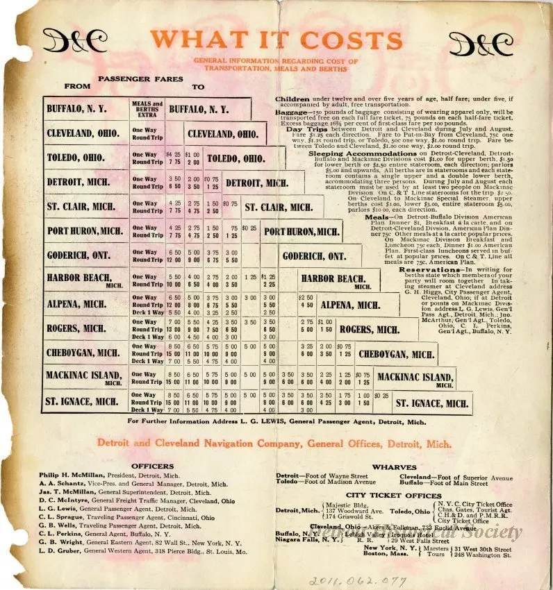 Brochure - D&C Lake Lines, Mackinac Island, Detroit, Cleveland, Buffalo, Niagara Falls, and Way Ports