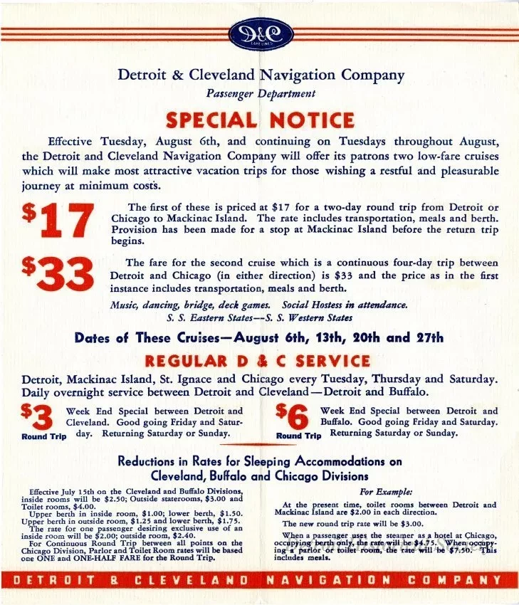 Brochure - Attractive New Low Fare All Expense D&C Cruises between Detroit & Mackinac island & St. Ignace; Chicago & Mackinac Island and between Detroit & Chicago and Chicago & Detroit