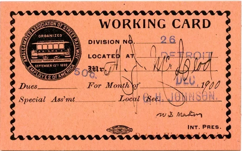 Card, Union - Working Card
Amalgamated Association of Street Railway Employees of America