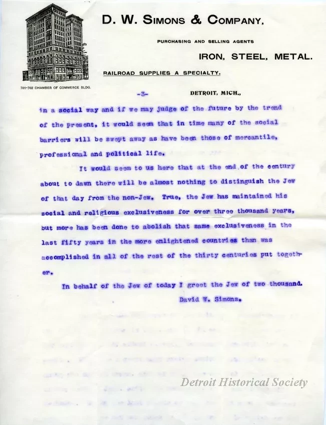 Letter - The Jewish People in Mercantile, Social, and Professional Life in Detroit