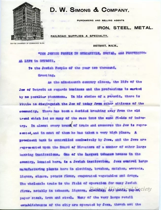 Letter - The Jewish People in Mercantile, Social, and Professional Life in Detroit