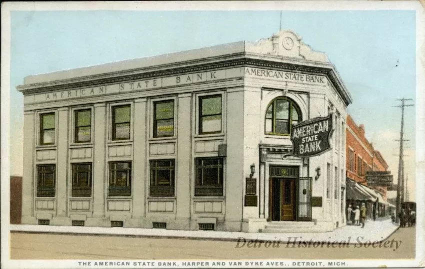 Postcard - The American State Bank, Harper and Van Dyke Aves., Detroit, Mich.