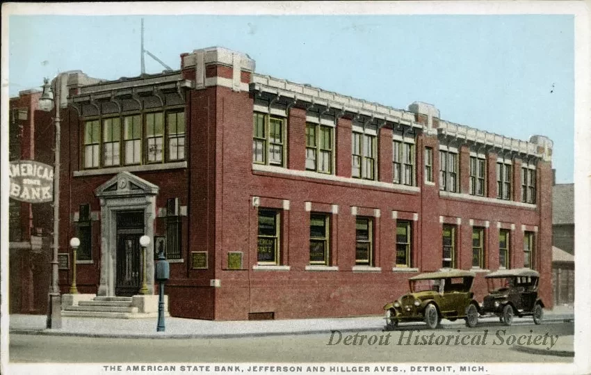 Postcard - The American State Bank, Jefferson and Hillger Aves., Detroit, Mich.