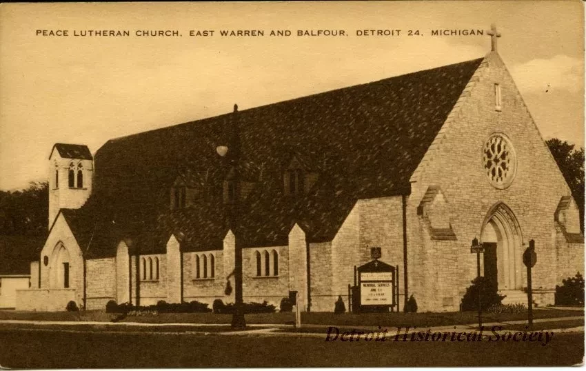 Postcard - Peace Lutheran Church, East Warren and Balfour, Detroit 24, Michigan