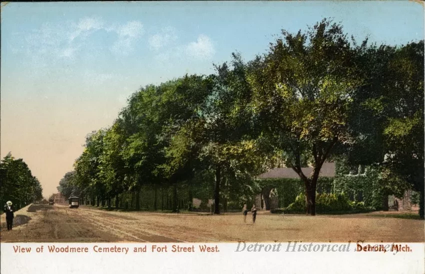 Postcard - View of Woodmere Cemetery and Fort Street West. Detroit Mich.