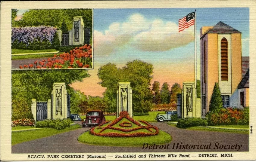Postcard - Acacia Park Cemetery (Masonic) - Southfield and Thirteen Mile Road - Detroit, Mich.