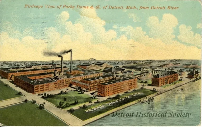 Postcard - Birdseye View of Parke Davis & Co., of Detroit, Mich., from Detroit River.