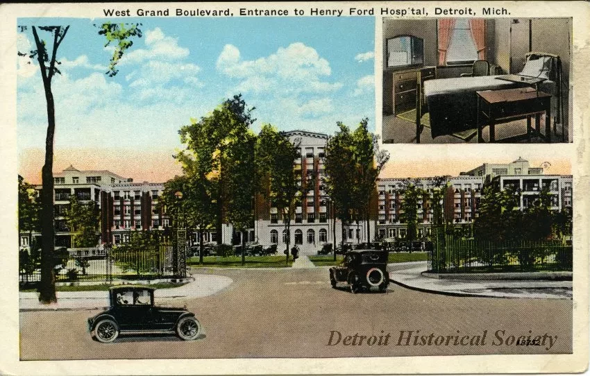 Postcard - West Grand Boulevard, Entrance to Henry Ford Hospital, Detroit, Mich.