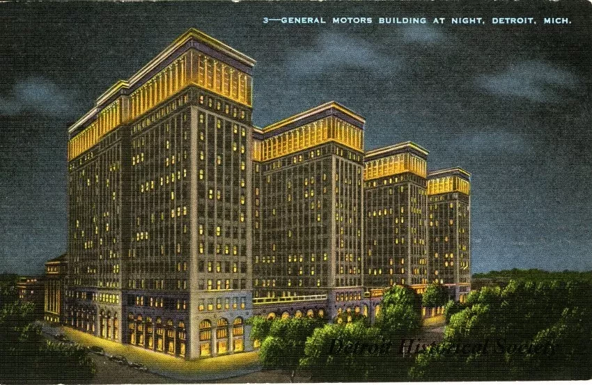 Postcard - General Motors Building at Night, Detroit, Mich.