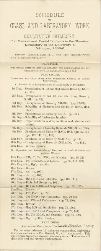 Calendar - Schedule of Class and Laboratory Work in Qualitative Chemistry for Medical and Dental Students in the Chemical Laboratory of the University of Michigan, 1885-6