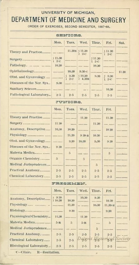 Calendar - University of Michigan Department of Medicine and Surgery Order of Exercises, Second Semester, 1887-88.