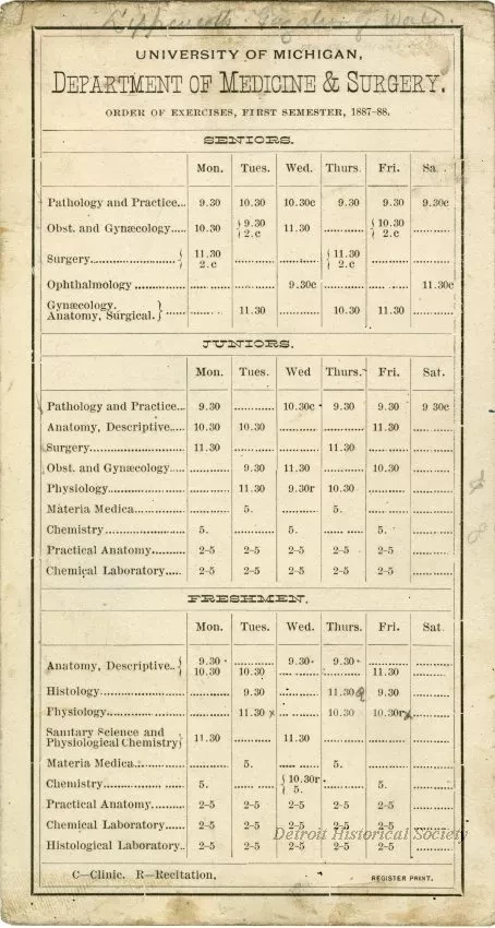 Calendar - University of Michigan Department of Medicine and Surgery Order of Exercises, First Semester, 1887-88.
