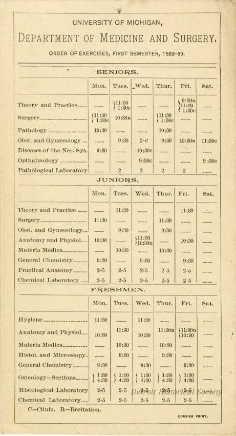 Calendar - University of Michigan Department of Medicine and Surgery Order of Exercises, First Semester, 1888-89.