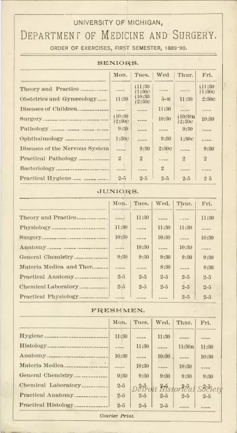 Calendar - University of Michigan Department of Medicine and Surgery Order of Exercises, First Semester, 1889-90.