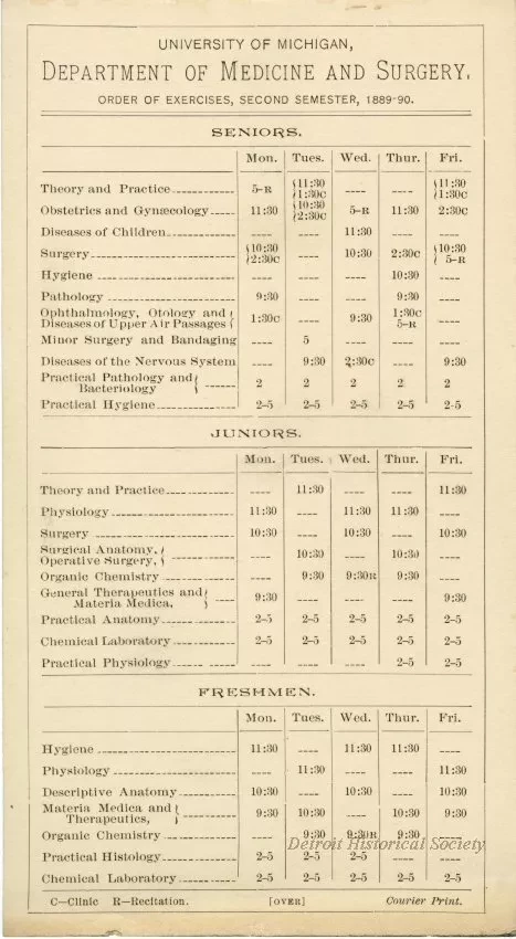 Calendar - University of Michigan Department of Medicine and Surgery Order of Exercises, Second Semester, 1889-90.