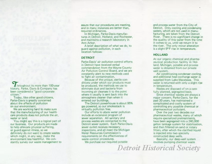 Brochure - Pollution, What Parke-Davis Is Doing to Help Control It