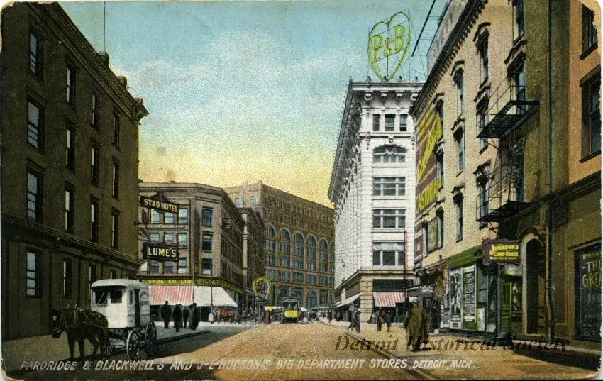 Postcard - Pardridge & Blackwell's and J-L-Hudson's Big Department Stores, Detroit, Mich.