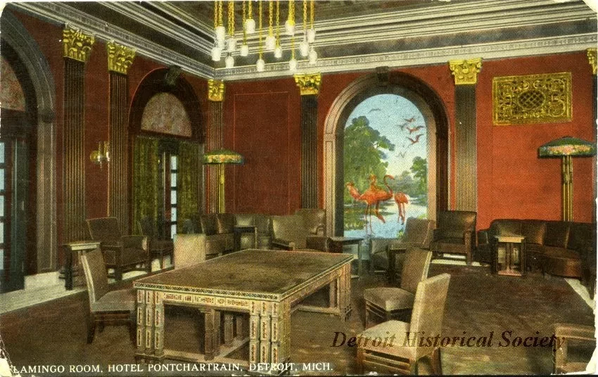 Postcard - Flamingo Room, Hotel Pontchartrain, Detroit, Mich.