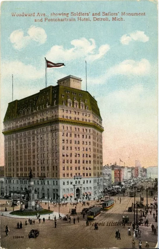 Postcard - Woodward Ave., showing Soldiers' and Sailors' Monument and Pontchartrain Hotel, Detroit, Mich.