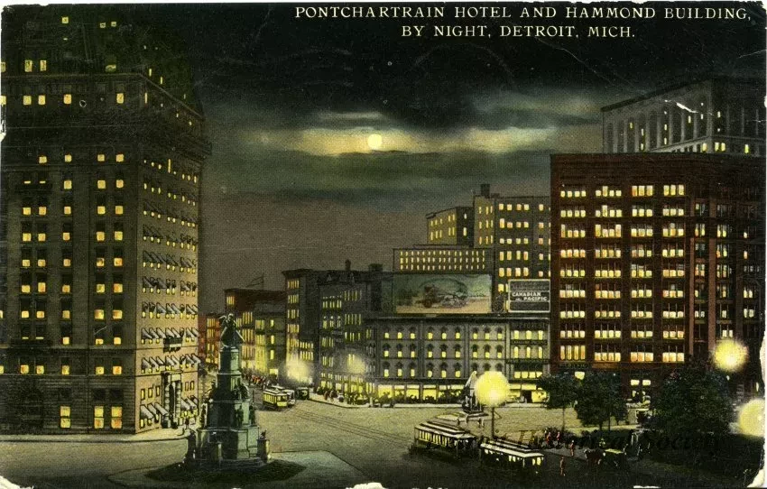 Postcard - Pontchartrain Hotel and Hammond Building, at Night, Detroit, Mich
