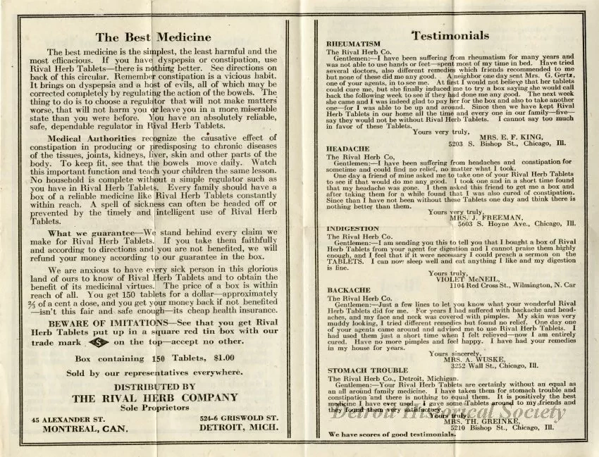 Instruction Sheet - Rival Herb Tablets; Herbs, Barks and Roots; Nature's Own Medicine
