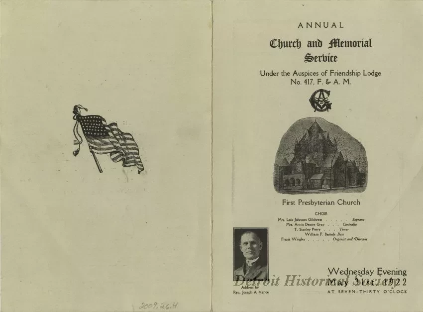 Program - Annual Church and Memorial Service Under the Auspices of the Friendship Lodge No. 417, F. & A.M.