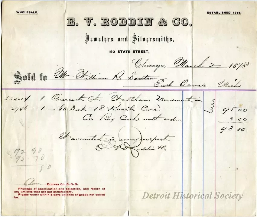 Receipt - E. V. Roddin & Co.
Jewelers and Silversmiths