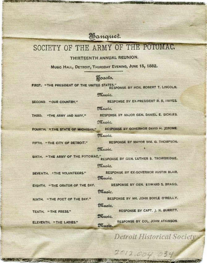 Program - Banquet, Society of the Army of the Potomac