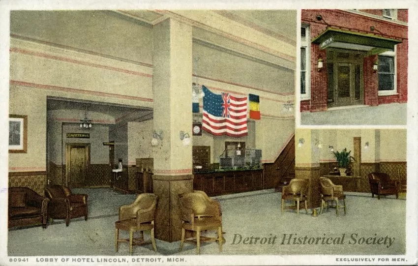 Postcard - Lobby of the Hotel Lincoln, Detroit, Mich. Exclusively for Men.