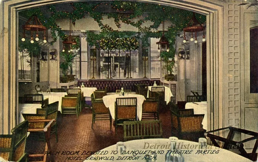 Postcard - Palm Room, Devoted to Banquet and Theater Parties, Hotel Griswold, Detroit, Mich.