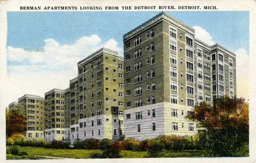 Postcard - Berman Apartments Looking from the Detroit River, Detroit, Mich.