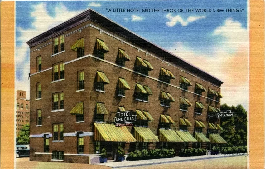 Postcard - "A Little Hotel Mid the Throb of the World's Big Things" - Hotel Andoria, Detroit