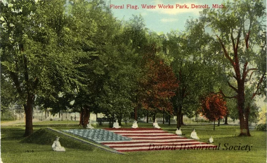 Postcard - Floral Flag, Water Works Park, Detroit, Mich.