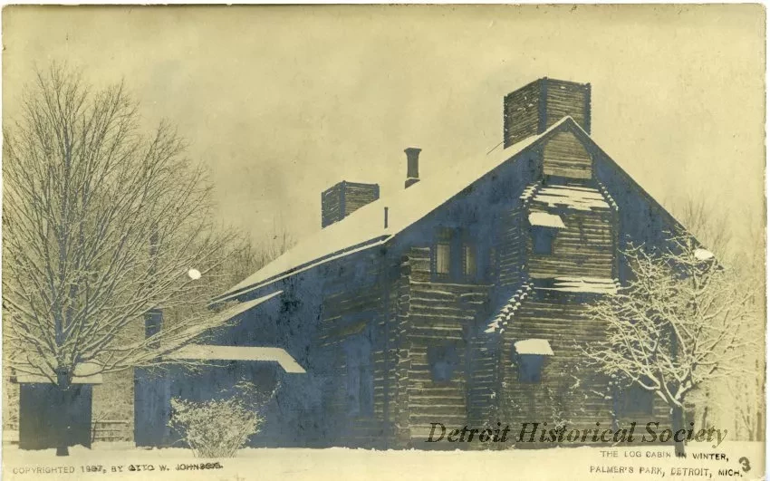 Postcard - Log Cabin in Winter, Palmer's Park, Detroit, Mich.