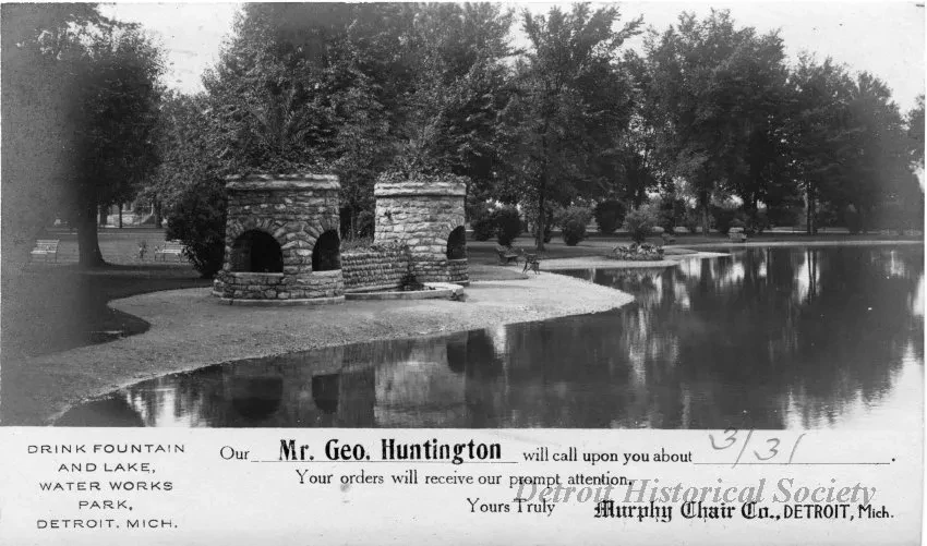 Postcard - Drinking Fountain and Lake, Water Works Park, Detroit, Mich.