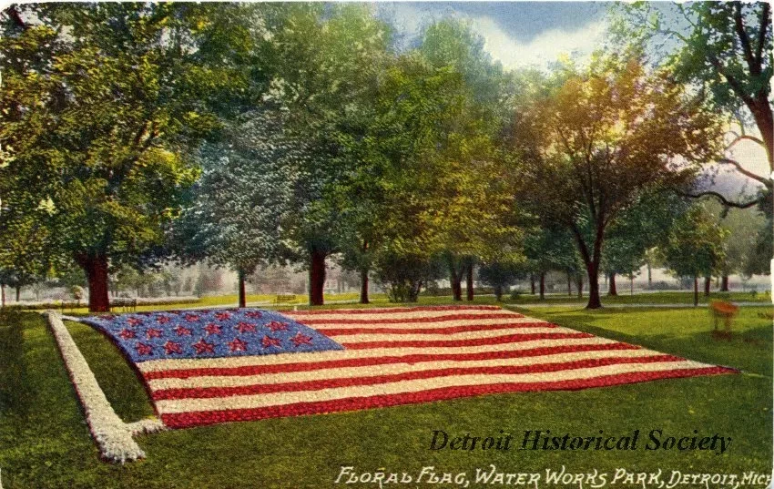Postcard - Floral Flag, Water Works Park, Detroit, Mich.