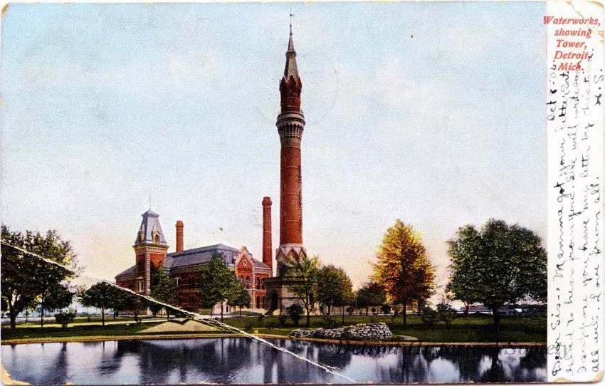 Postcard - Waterworks, showing Tower, Detroit, Mich. - Waterworks, showing Tower, Detroit, Mich.