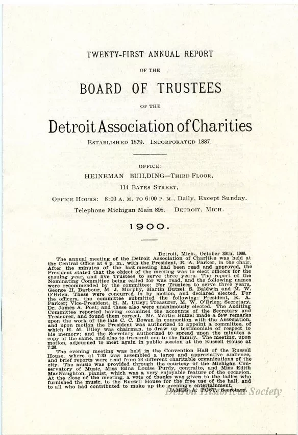 Report, Annual - Twenty-First Annual Report of the Board of Trustees of the Detroit Association of Charities