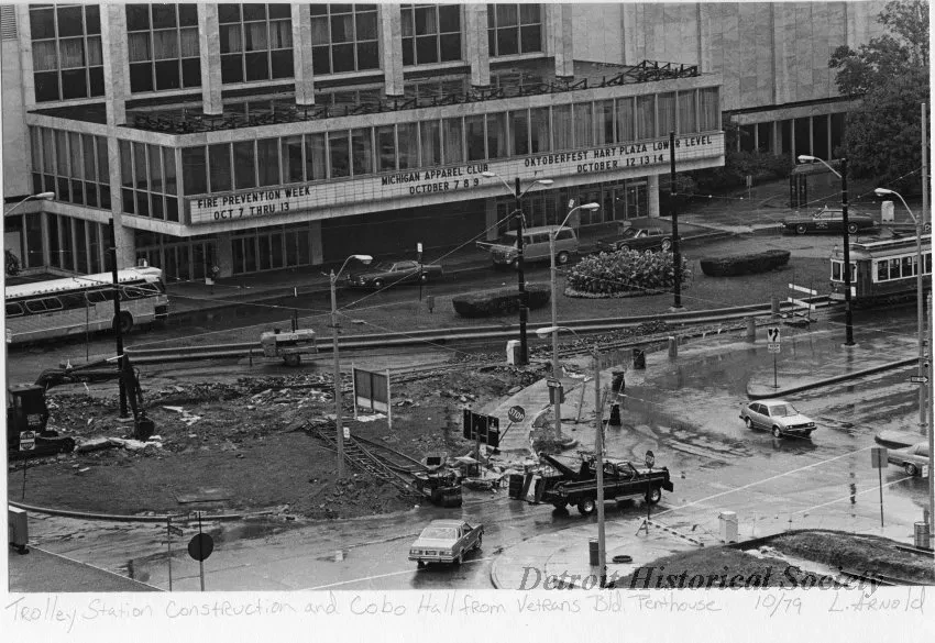 Print, Photographic - Trolley Station Construction and Cobo Hall from Veterans Bld. Penthouse