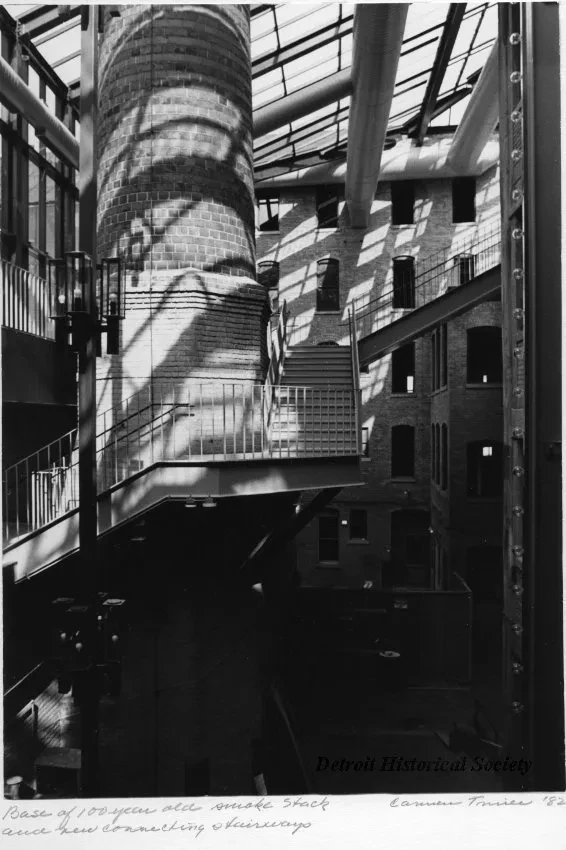 Print, Photographic - Base of 100 year old smoke stack and new connecting stairways