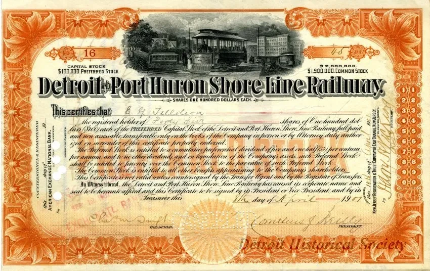 Certificate, Stock - Detroit & Port Huron Shore Line Railway