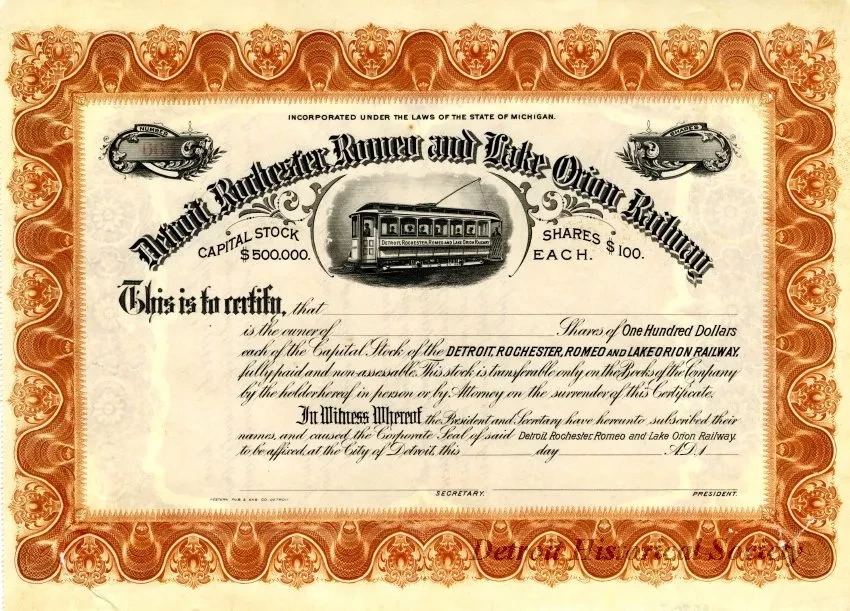 Certificate, Stock - Detroit, Rochester, Romeo & Lake Orion Railway