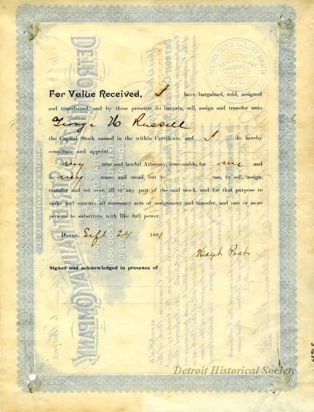 Certificate, Stock - Detroit Citizens Street Railway Company