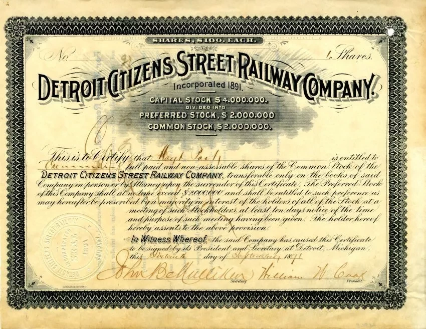 Certificate, Stock - Detroit Citizens Street Railway Company