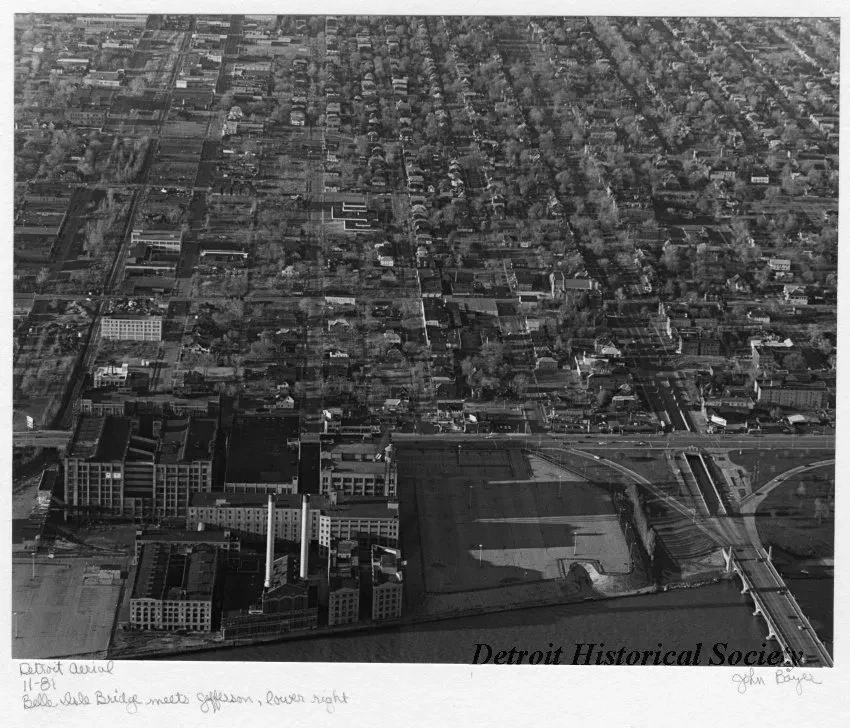 Print, Photographic - Detroit Aerial; Belle Isle Bridge meets Jefferson, lower Right
