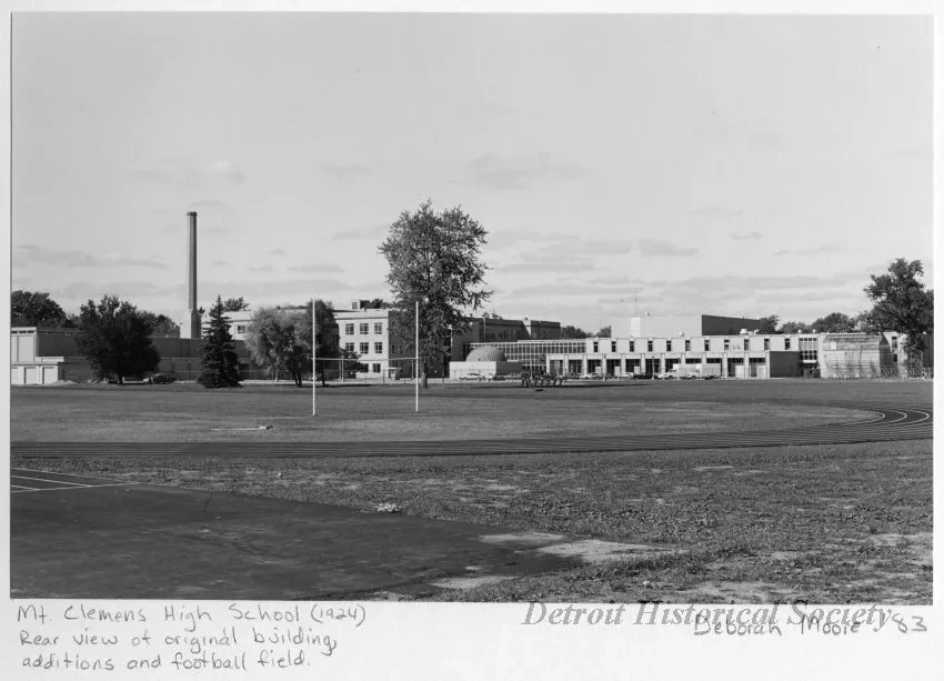 Print, Photographic - Mt. Clemens High School (1924), Rear view of original building, additions and football field