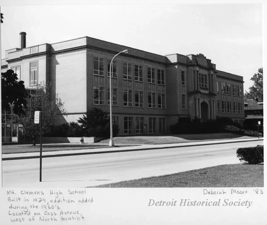 Print, Photographic - Mt. Clemens High School; Built in 1924, addition added during the 1960's. Located on Cass Avenue, west of North Gratiot.