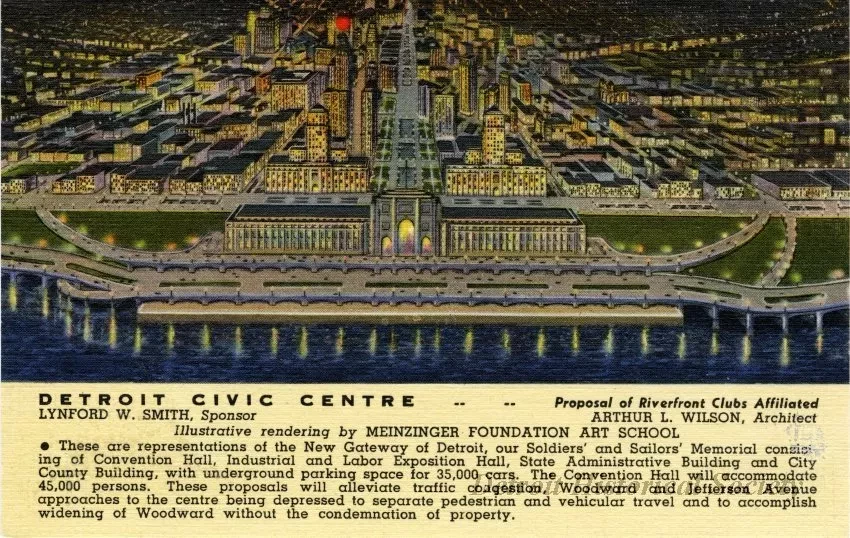 Postcard - Detroit Civic Center, Proposal of Riverfront Club Affiliated