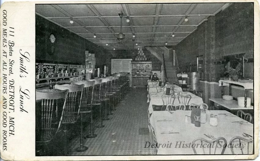 Postcard - Smith's Lunch, 111 Bates Street, Detroit, Mich.
Good Meals at All Hours and Good Rooms.