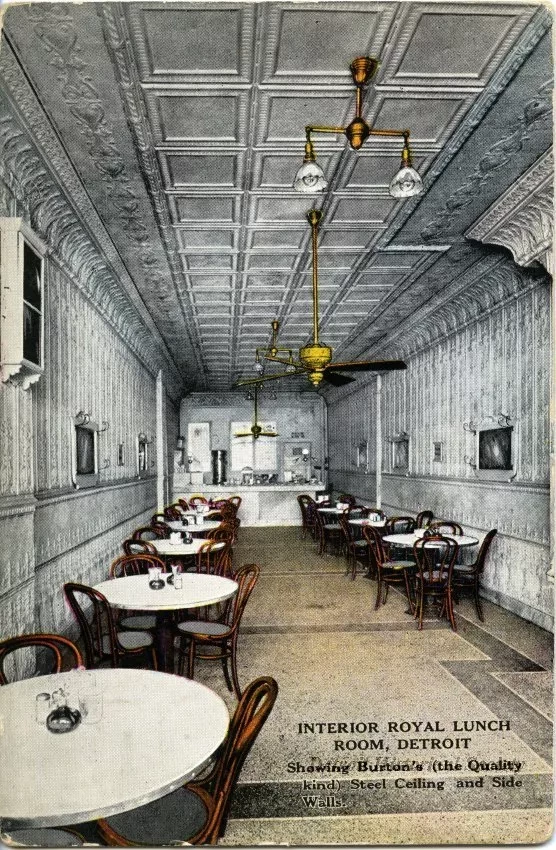 Postcard - Interior Royal Lunch Room, Detroit
Showing Burton's (the Quality kind) Streel Ceiling and Side Walls.